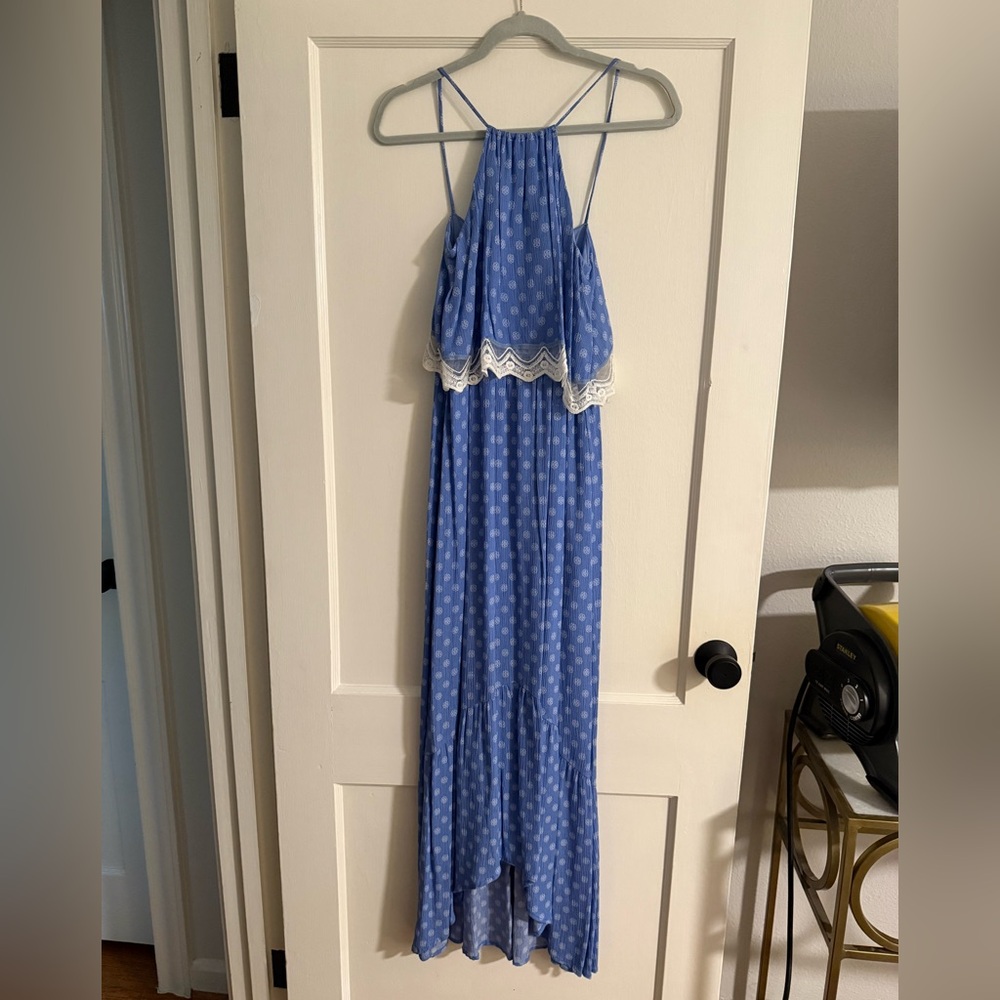Blue Patterned Maxi Dress with Lace Trim